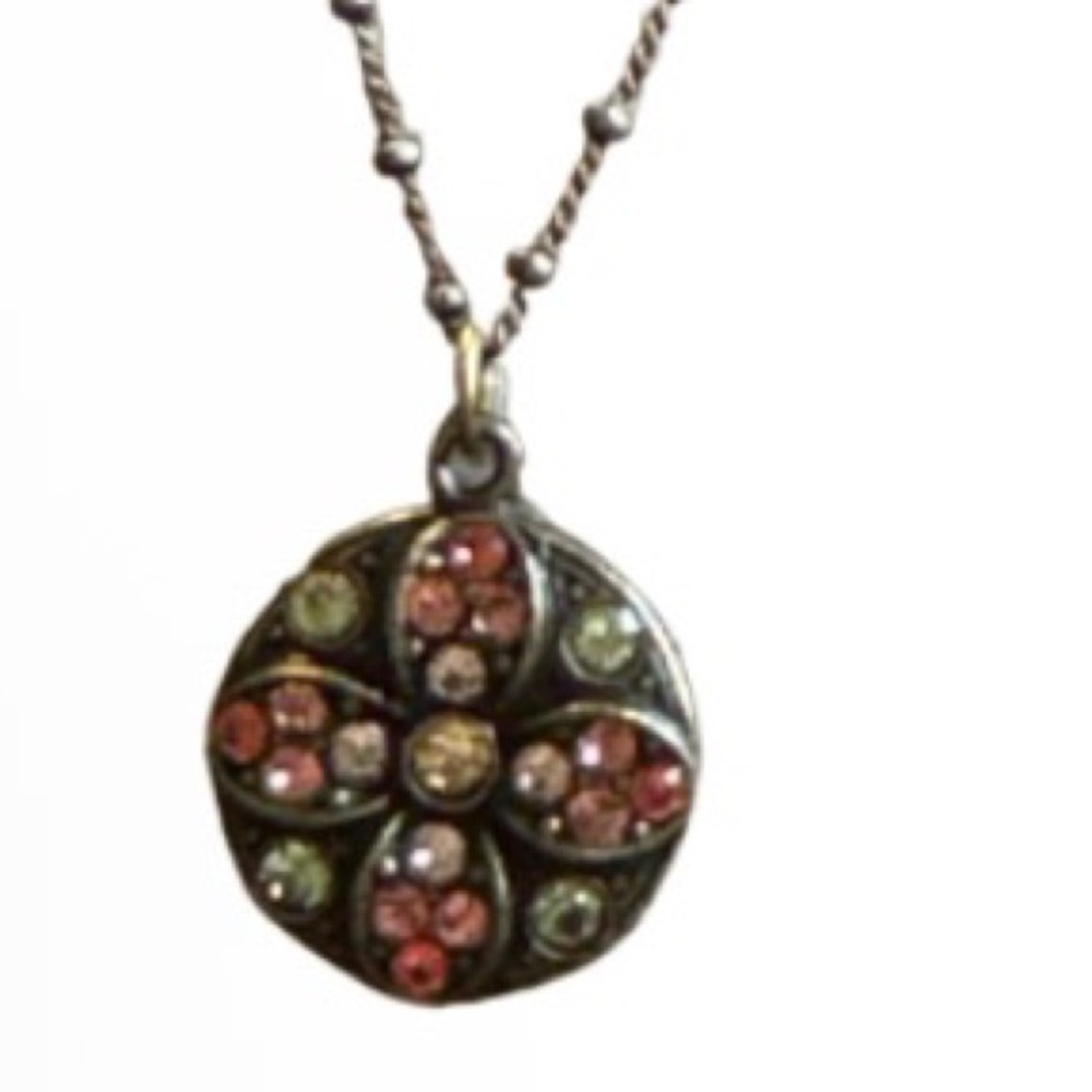 Vintage Anne Koplik delicate  Necklace with Pink, Green & Champagne Crystals